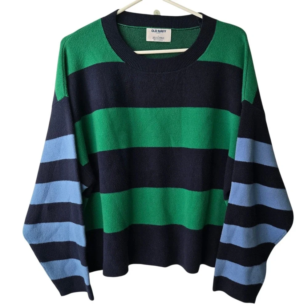 Old Navy SoSoft Mens L Green Navy Striped Crewneck Sweater Relaxed Preppy